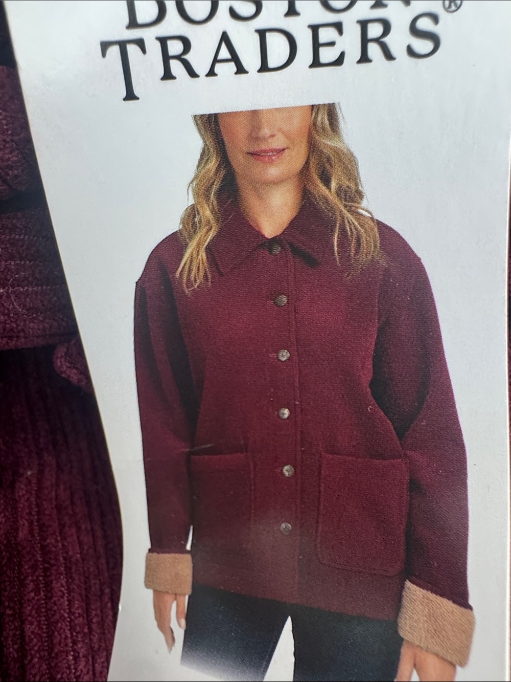 Boston Traders Burgundy Teddy Button-Front Jacket with Contrast Cuffs